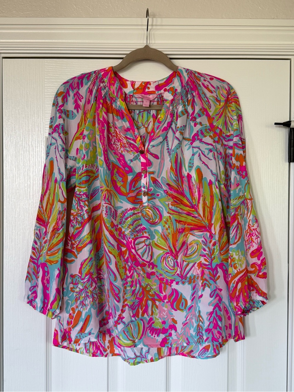 Lilly Pulitzer Pink Multi Floral Print Peasant Blouse